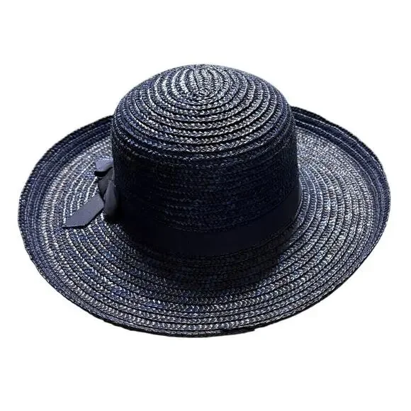 1980s Unbranded Navy Straw Sun Hat Vintage - Picture 3 of 5